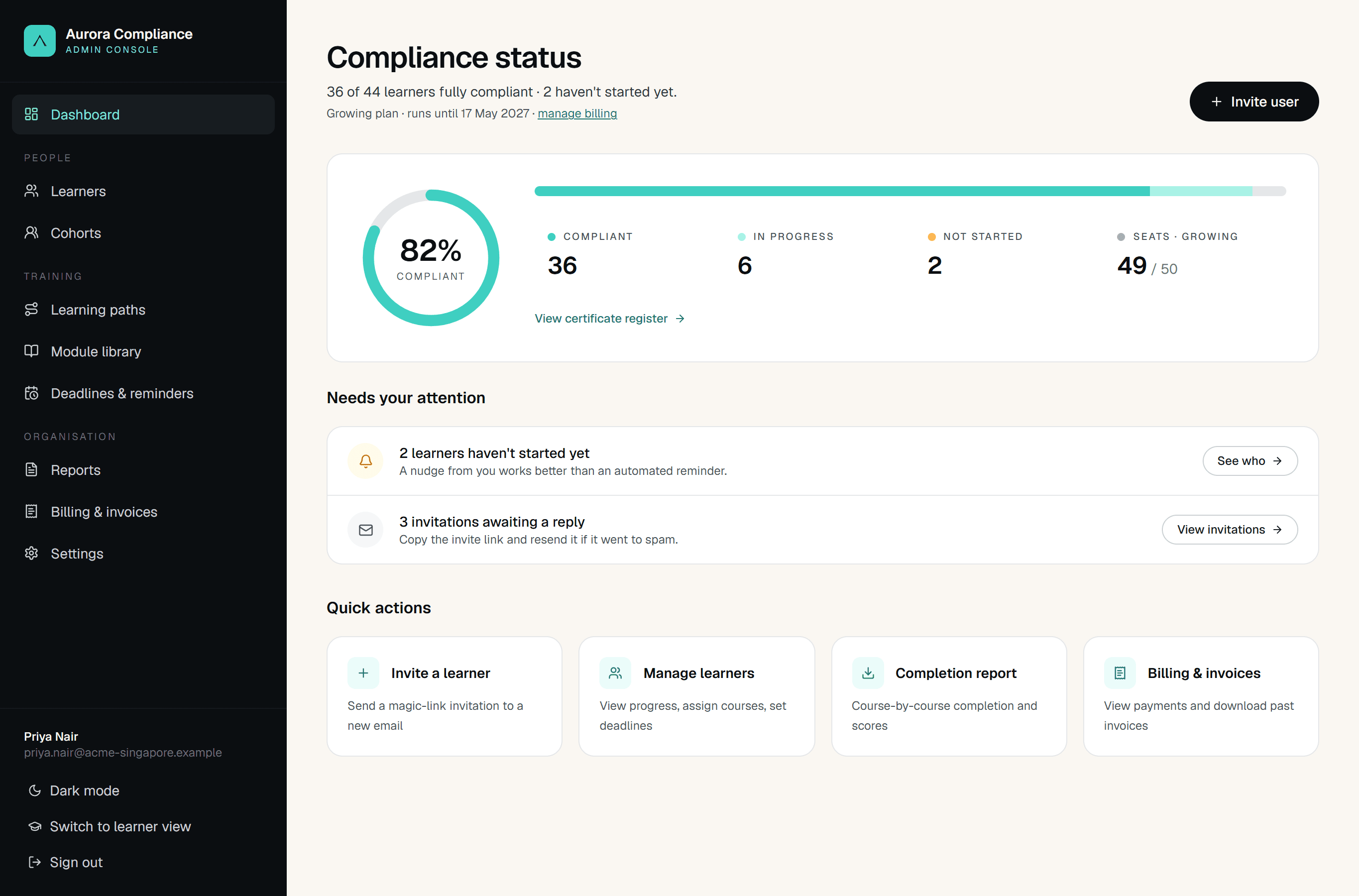 Paths, cohorts, and deadlines in one dashboard.
